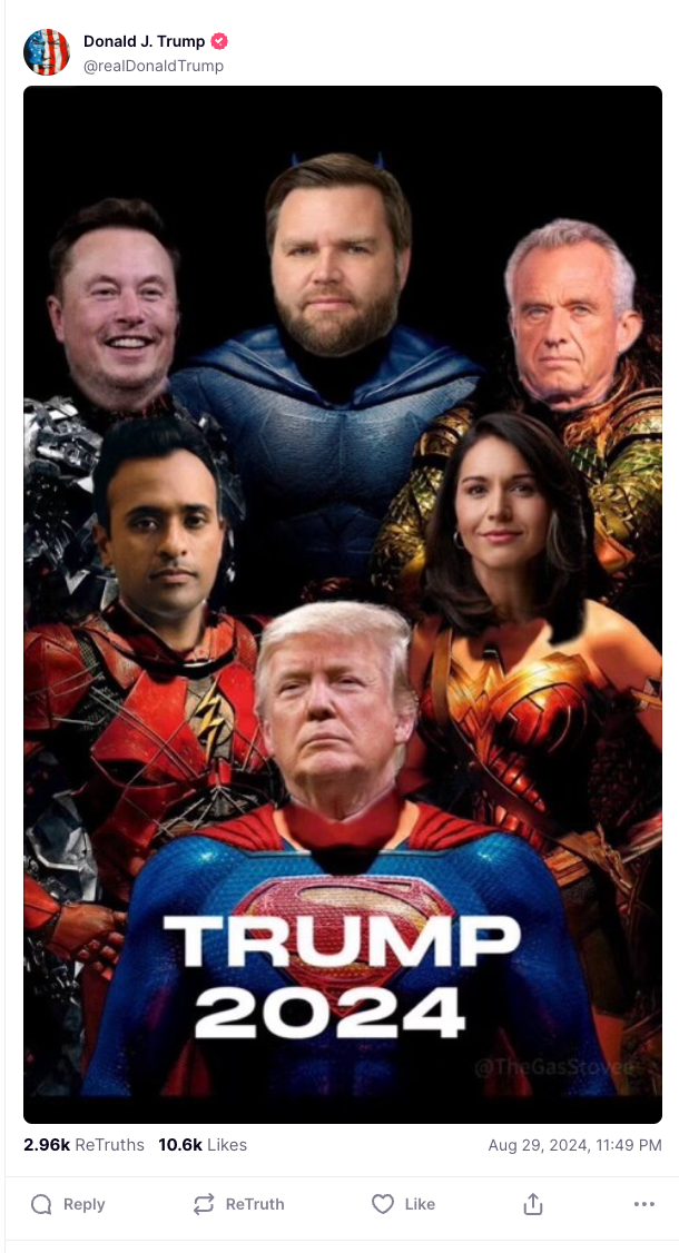 A screenshot of the Truth Social post that Donald Trump made depicting him and his allies as superheroes